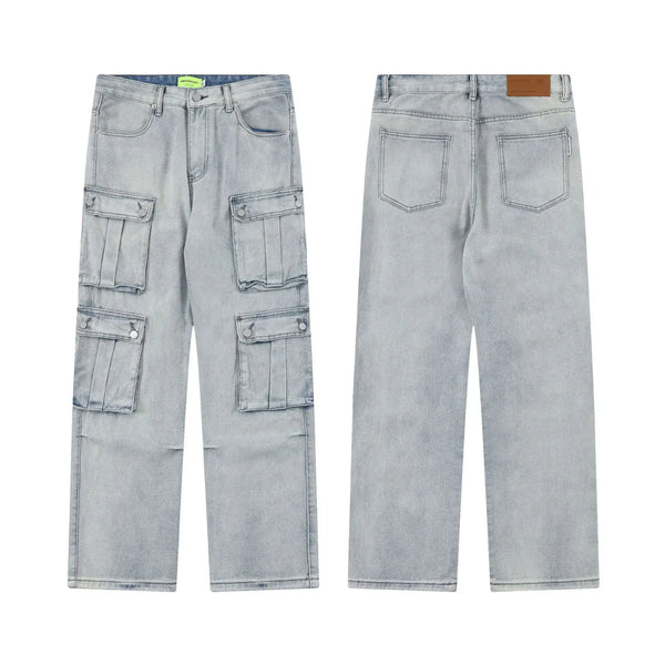 2024 multi pocket jeans vintage mens harajuku cargo denim pants retro hip hop straight loose jean pants multi-pocket cargos