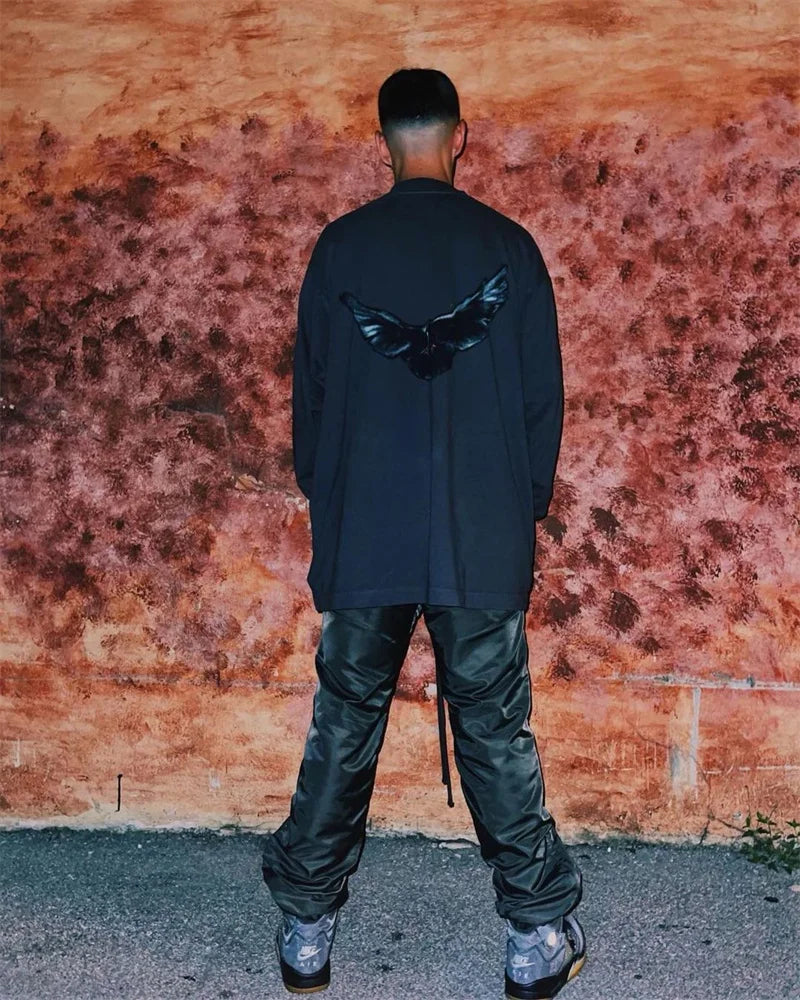 Y2k Tribal flame – Kanye White Pigeon Washed Old Vintage Loose Sleeve Round Nec