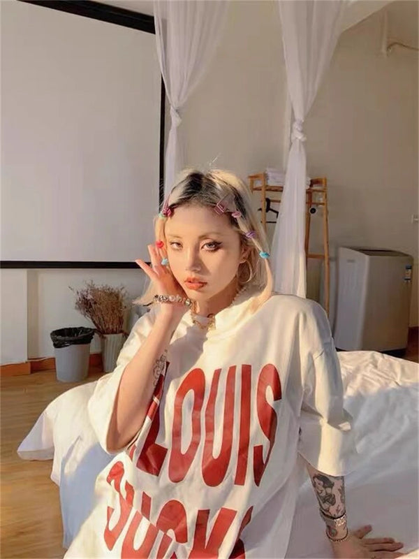 Trapwear Aesthetic print tee – Vintage 90S Rock Band Letter Print T Shirt Punk High Street
