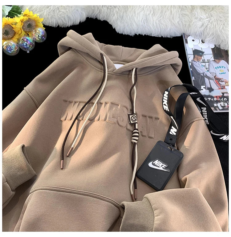 Embossed Letters Casual Hooded Sweatshirt Basic Colours Drawstring Cla