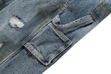 Streetwear Handmade Mud Dyed Dirty Blue Baggy Jeans for Men Distressed Hole Casual Patchwork Denim Trousers Oversized