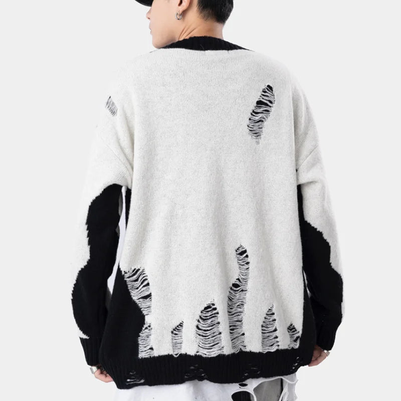 hip hop streetwear knitted sweater sweater 2022 mens harajuku ripped holes new casual v neck tops cotton loose pullover sweaters - Y2K grunge street style, unisex casual winter pullover, 2025 streetwear drop