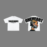 Graffiti flame tee with sticker characters and bold overlay