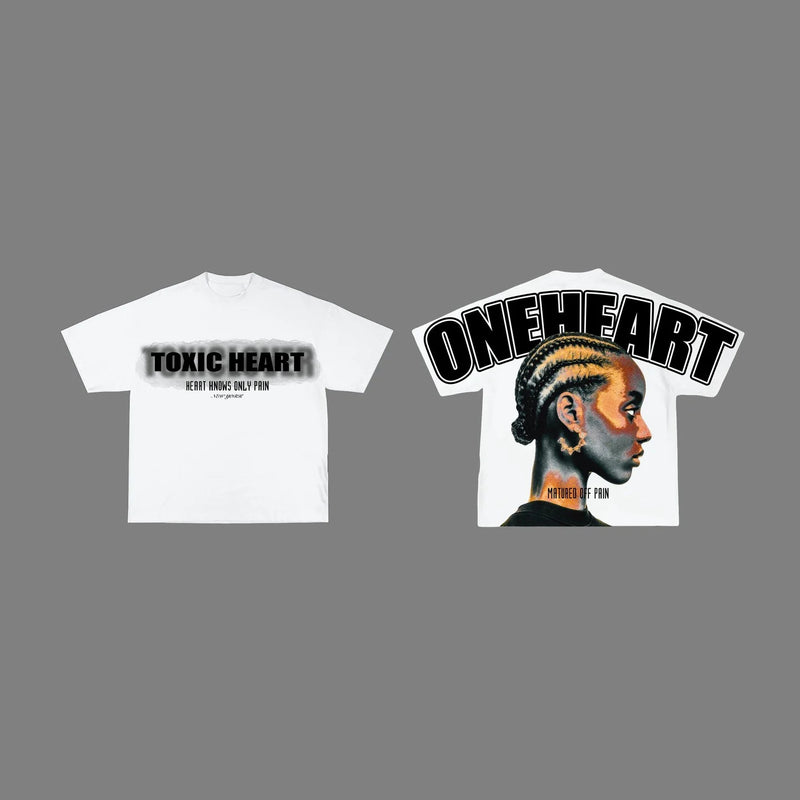 Graffiti flame tee with sticker characters and bold overlay