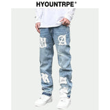 letters patckwork bottom ripped denim jeans men casual straight biker trousers fashion streetwear hip hop jean pants joggers relaxed fit joggers