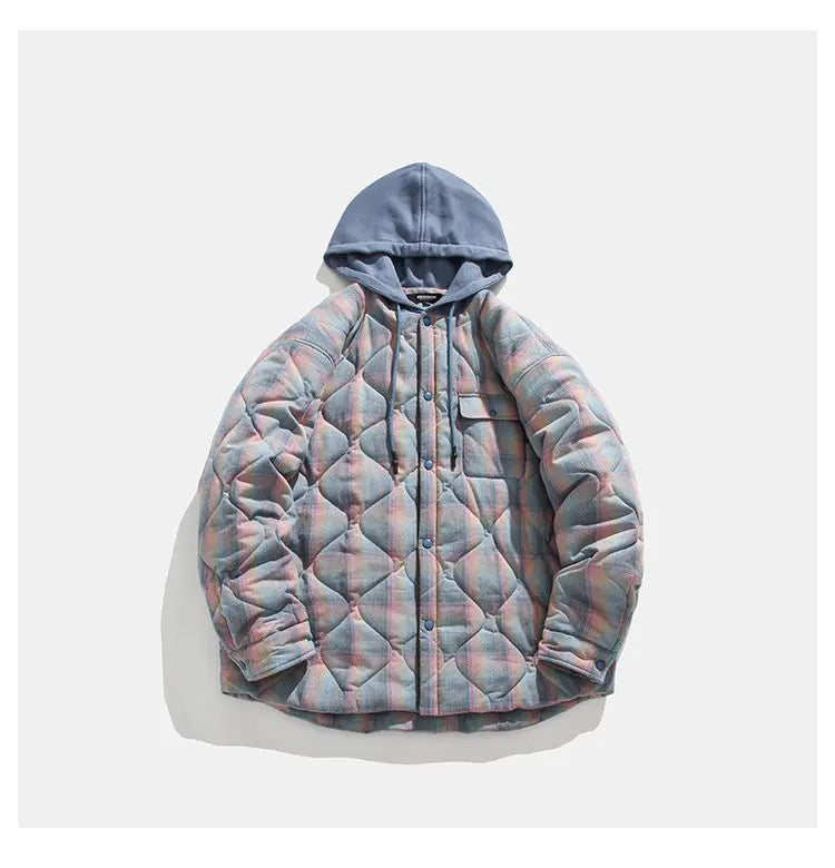 Winter Quilted Thick Plaid Hooded Jacket Men Wmen Streetwear Fashion Oversize Loose Casual Hoody Jacket Padded-cotton Parka Coat