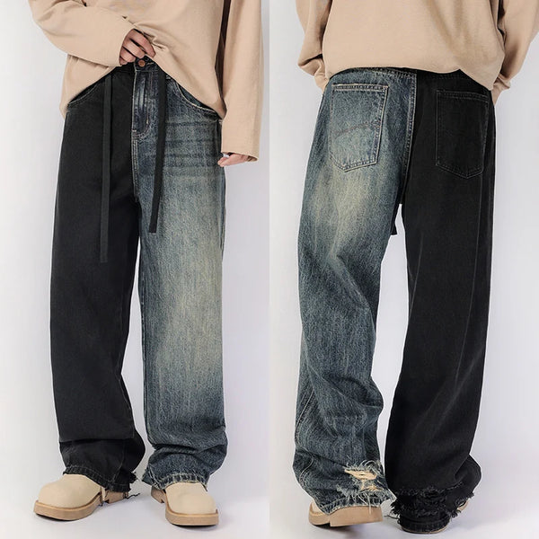 men streetwear fashion black blue splice hip hop loose casual wide leg straight baggy jeans pant cityboy jeans pants trousers stacked flare jeans