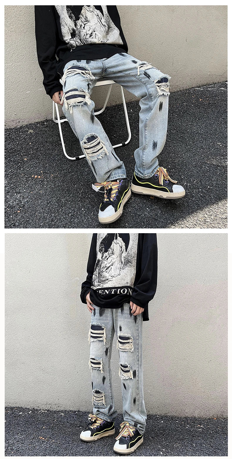 graffiti printed ripped destroied denim jean mens distressed biker jeans trousers new fashion high street straight pants joggers unique joggers style 2736