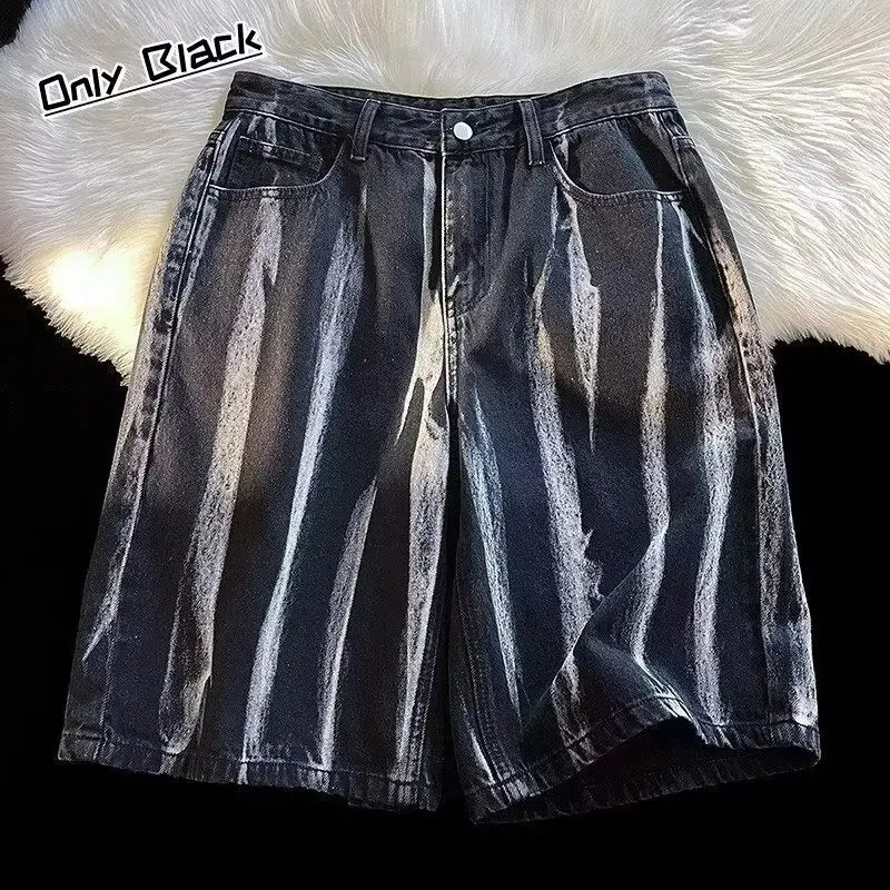 American Retro Tie-dye Denim Shorts Male Streetwear Short Jeans Luxury 2024 Summer Korean Fashion Hip-hop Cargo Straight Shorts