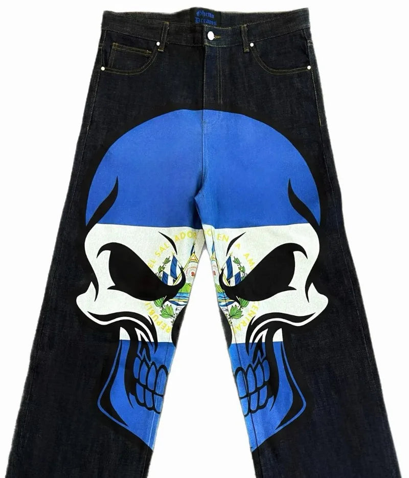 european and american high street high waist washed jeans men y2k cartoon print hip hop rock oversized wide leg pants women unique jeans style 3765