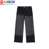rainbowtouches men jeans unisex pants high street hip hop loose casual couple cargo straight patchwork gradient casual pants utility cargo pants