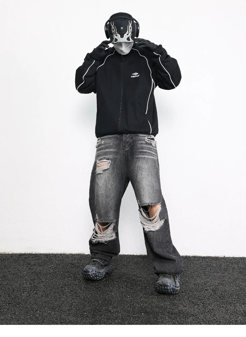 knee destroy big holes high street pants mens casual harajuku zipper straight trousers hip hop fashion streetwear baggy joggers unique joggers style 2916
