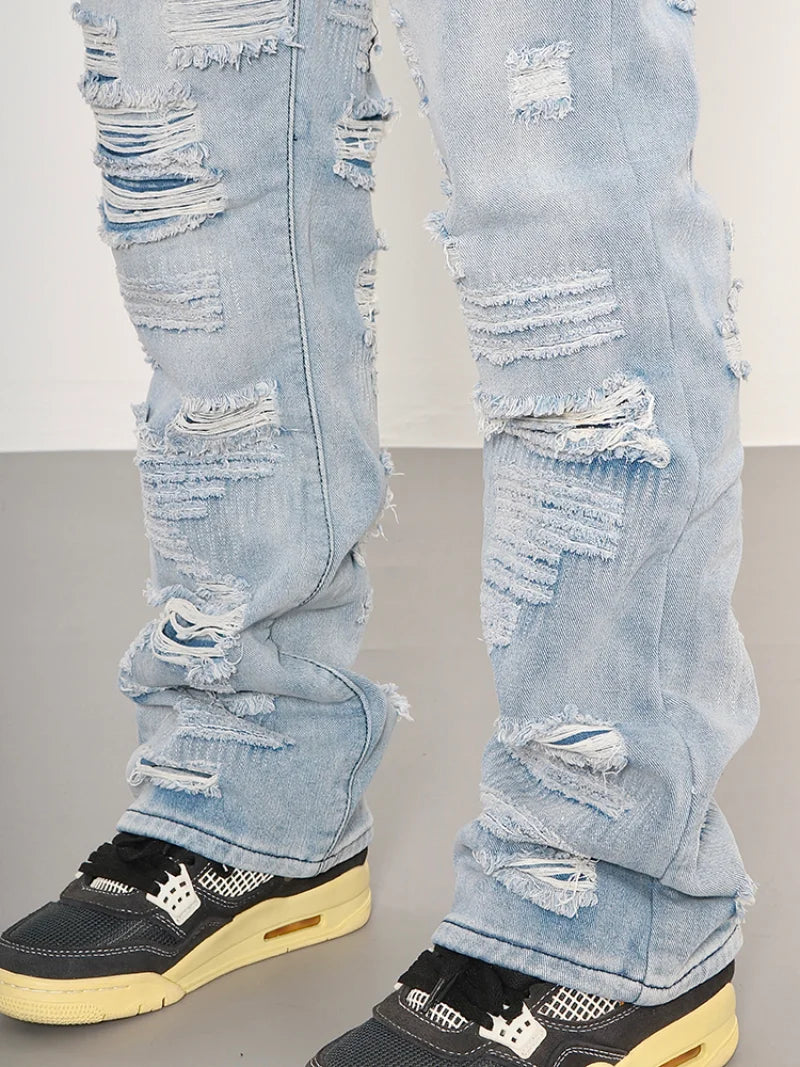 men distressed ripped destroied holes denim jean pants fashion zipper biker jeans streetwear flare pants joggers y2k men s jeans streetwear sweatpants