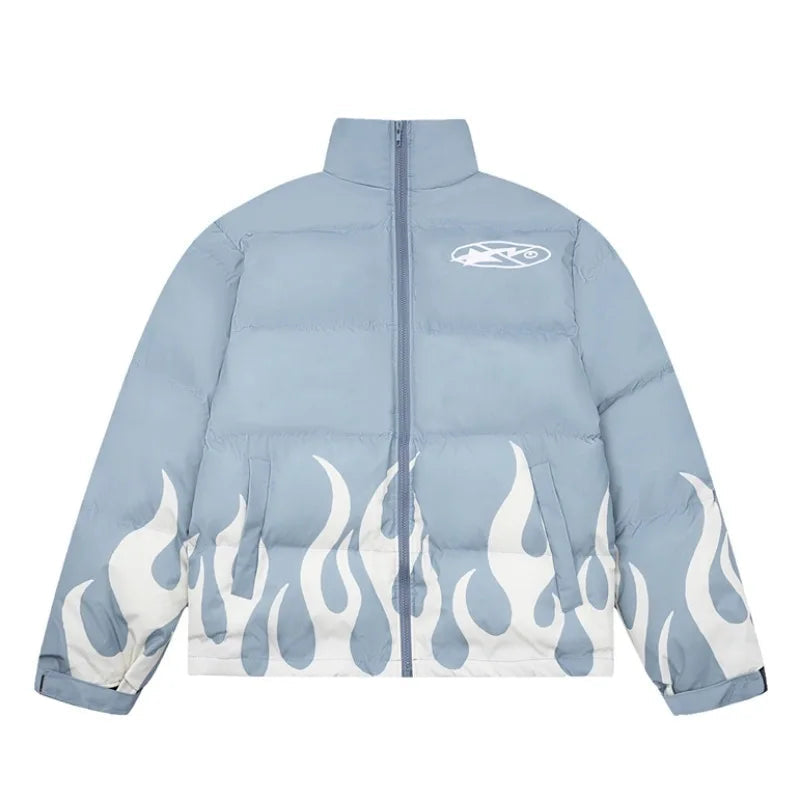 hip hop fire printed jacket parka streetwear mens windbreaker harajuku new cotton padded zipper coat outerwear hipster sky bl - variant style ab6544 for streetwear fashion