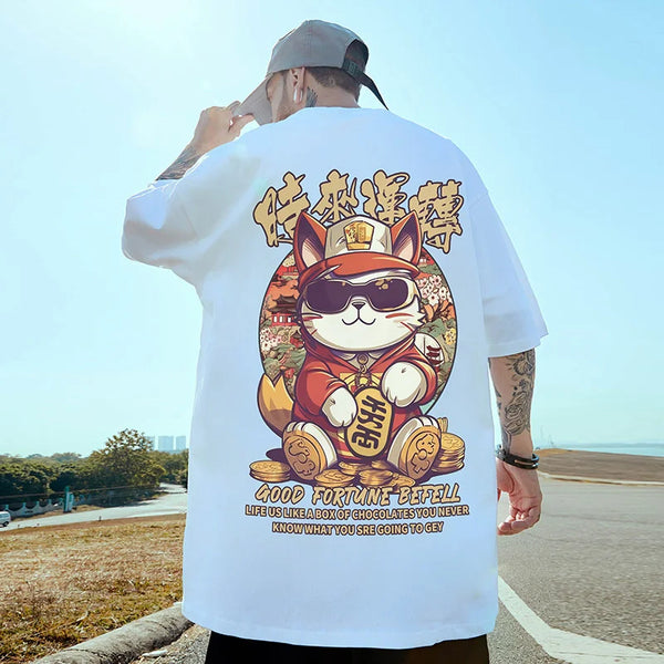 Harajuku Crying character – Good Fortune Befell Print Oversized T Shirt For Men Anime Ca