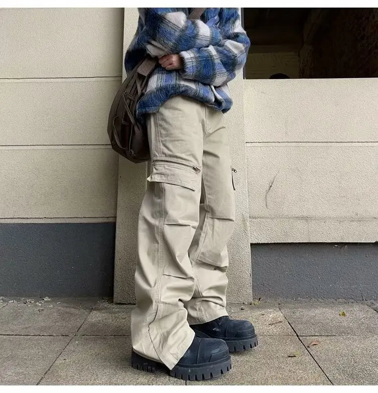 brand pants casual pants multi pockets checked cloth straight loose solid korean multi pocket fashions harem trousers cargo pant unique cargo style 1423