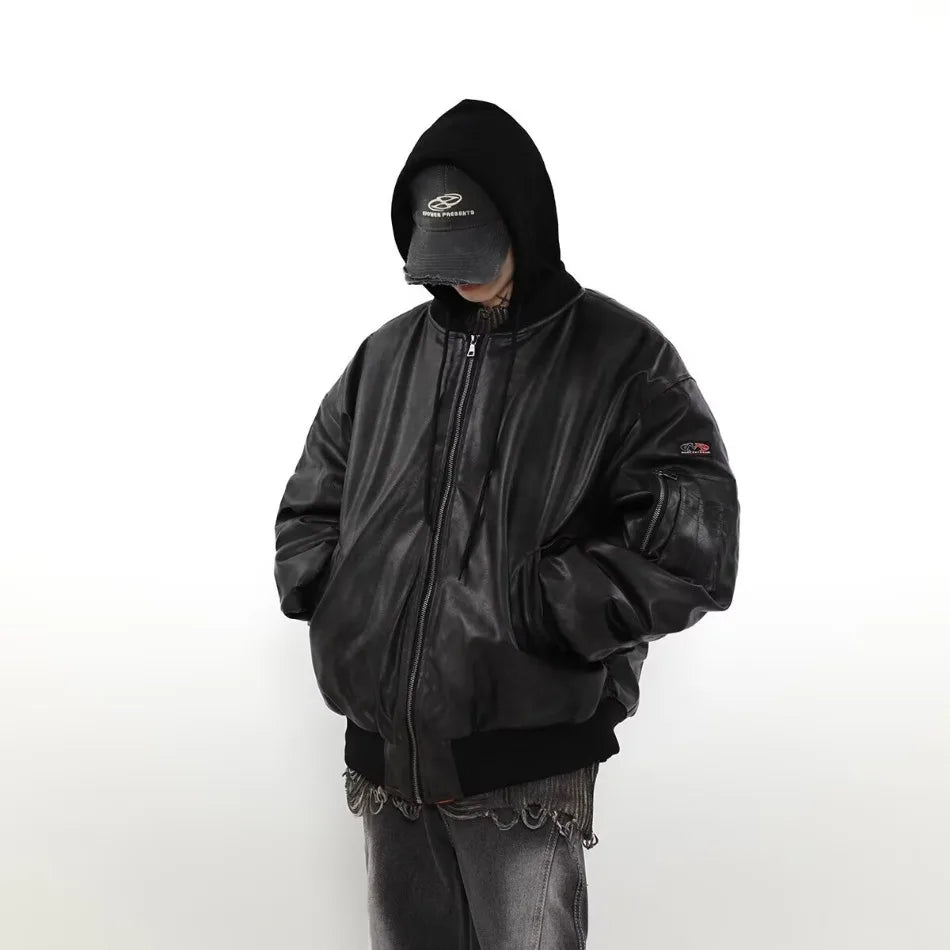 Winter American Fake Two Pieces Parkas Mens Heavy Weight Thicken Hip Hop PU Leather Cotton Jacket Trend Loose Motorcycle Coats