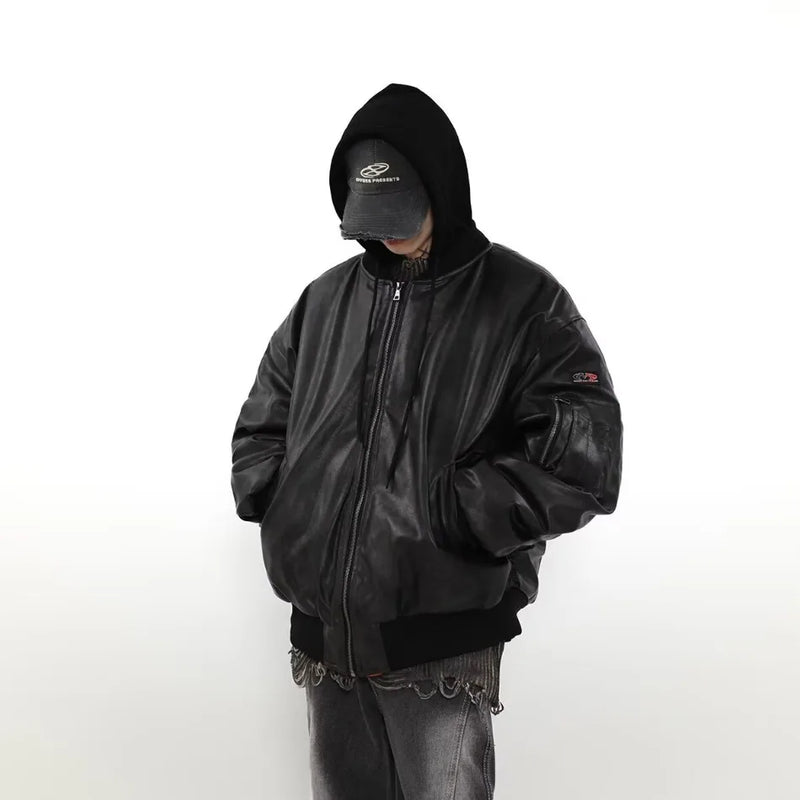 Winter American Fake Two Pieces Parkas Mens Heavy Weight Thicken Hip Hop PU Leather Cotton Jacket Trend Loose Motorcycle Coats