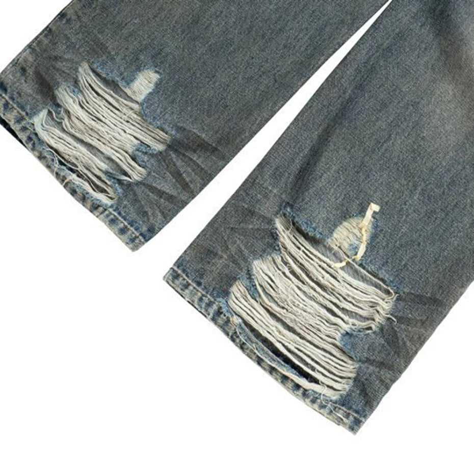 vintage men jeans blue baggy denim pants dirty washed retro loose straight jeans trousers stacked flare jeans