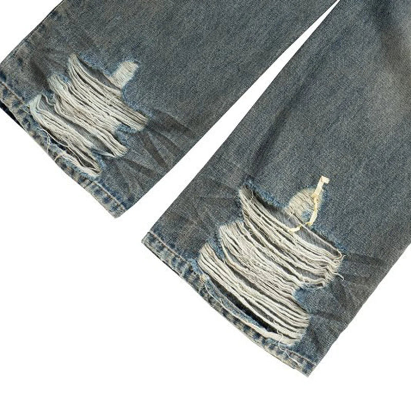 vintage men jeans blue baggy denim pants dirty washed retro loose straight jeans trousers stacked flare jeans