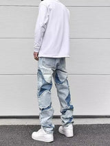 streetwear swag style blue frayed jeans pants for men retro washed ripped casual tapered denim trousers slim fit y2k jean male unique jeans style 62