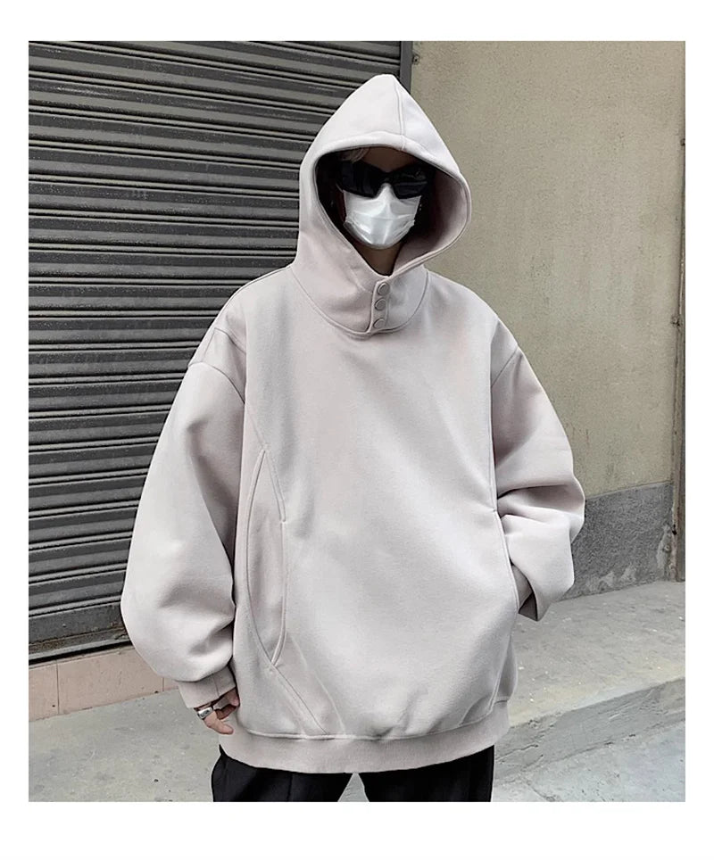 New Retro Button Neck Hooded Sweatshirts For Men Autumn Fleece Y2K Vintage Hoodies Hip Hop Fashion Streetwear Pullover Hoodie