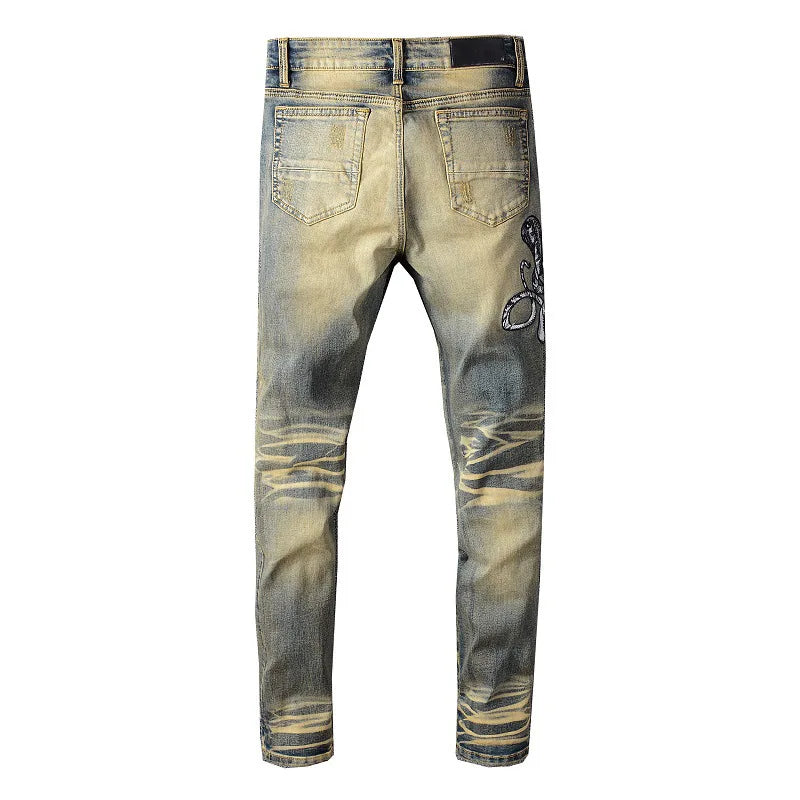 high 2023 brand new classical luxurious embroidered chemist cobra snake jeans cotton denim pants comfort casual jeans 28 40 73 vintage washed jeans