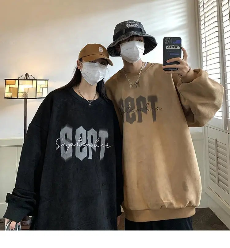 Round Neck Sweatshirt for Men American Retro Print Trendy Brand Autumn Loose Couple Wear Jacket Tops