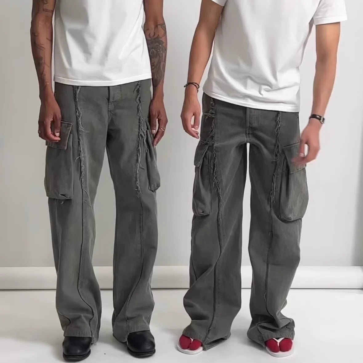 y2k streetwear tassel multi pocket jeans for men straight solid baggy cargo pants pantalones hombre casual denim trousers unique cargo style 766