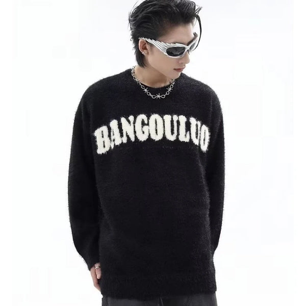 varsity flame knitwear, statement sweater, cozy knitwear for men, oversized grunge aesthetic winter top