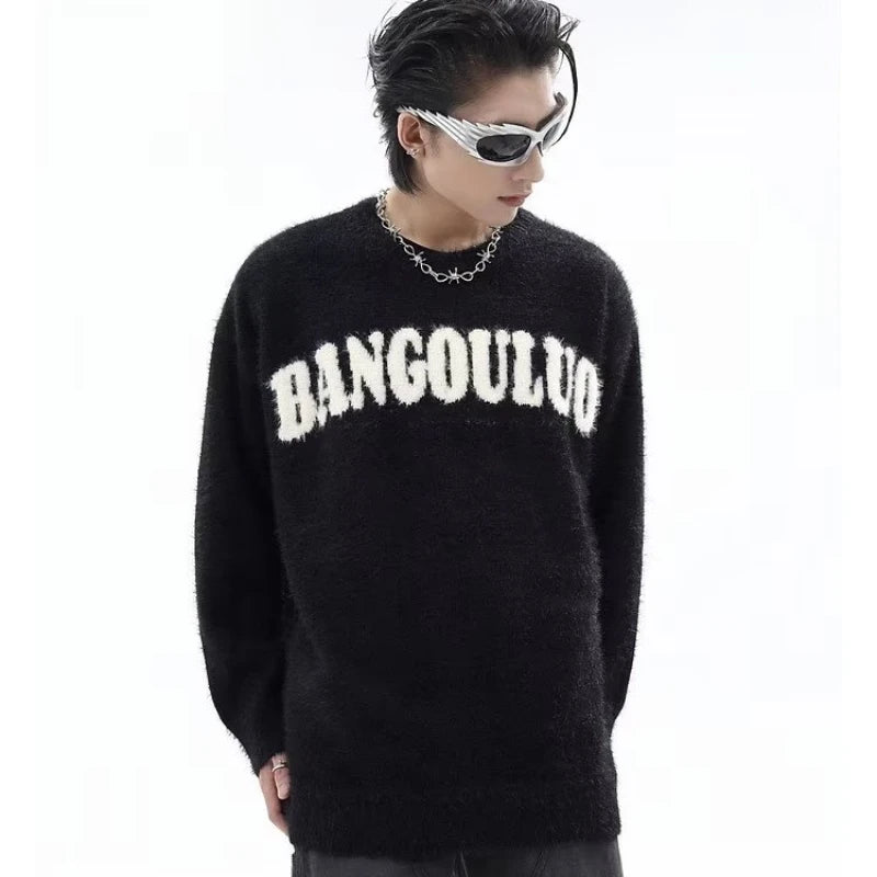varsity flame knitwear, statement sweater, cozy knitwear for men, oversized grunge aesthetic winter top