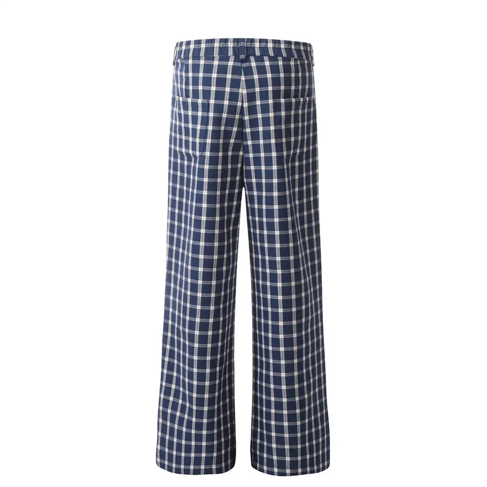 men women american streetwear fashion loose plaid wide leg straight pant boyfriend button down sports casual pants trousers urban fashion pants
