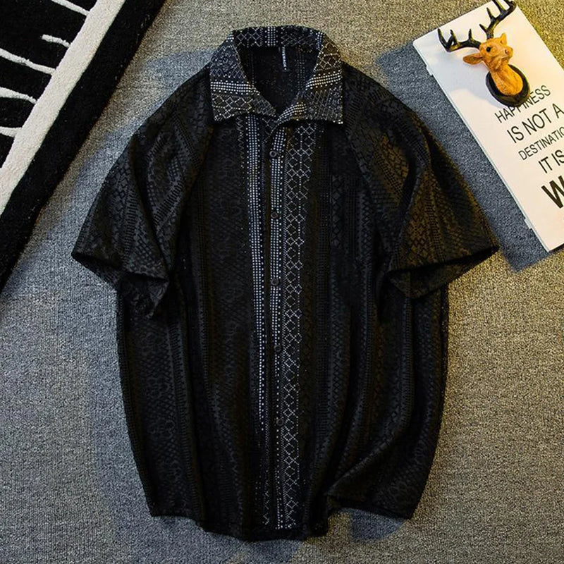 Mens Hollow Lace Elegant Short Sleeve Lazy Style Casual Breathable Personality Hollow Design Thin Shirt Unisex 2024 Summer New