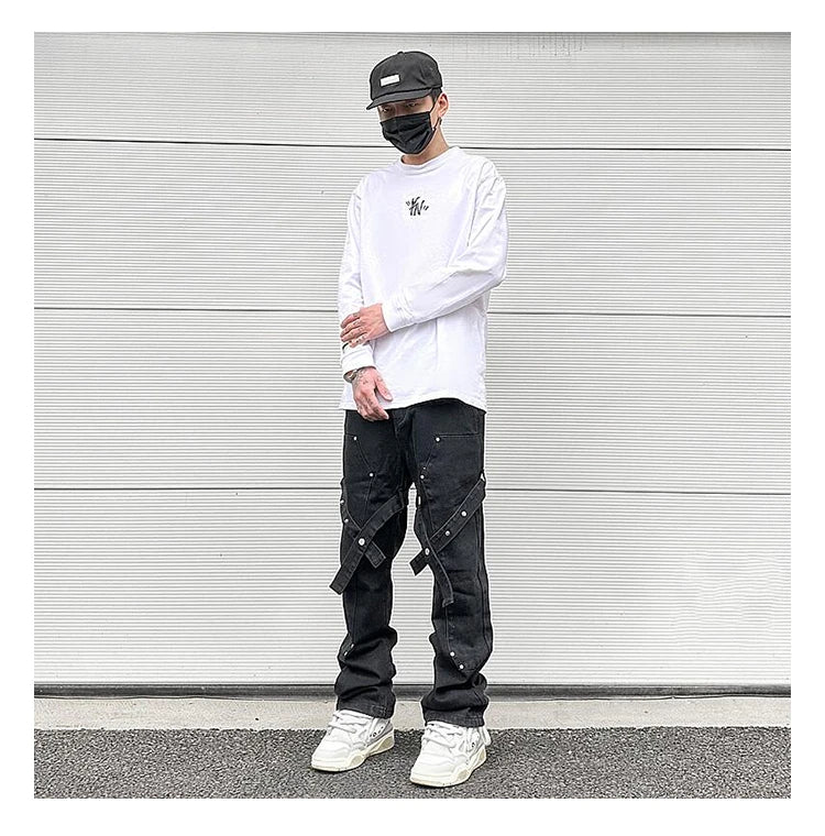 fashion knee adjust belt decoration denim jeans zipper straight jeans hip hop streetwear mens casual loose joggers jeans pants unique joggers style 2564