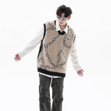 high street harajuku imitation mink hair knitted vest chain color block v neck pullover sweater vest oversized knitwear trendy oversized graphic print design, aesthetic street look hoodie, unique limited edition hoodie