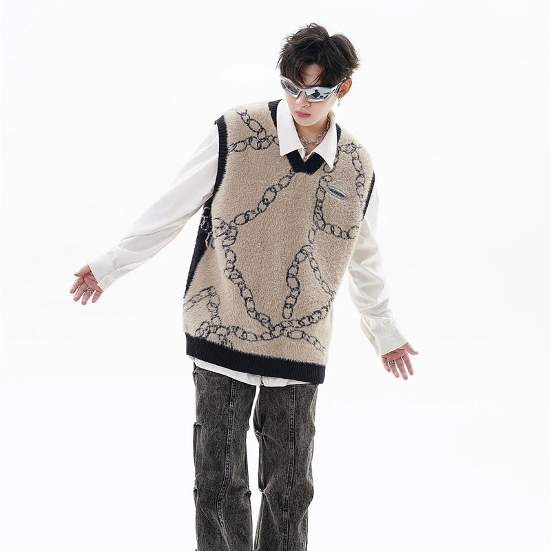 high street harajuku imitation mink hair knitted vest chain color block v neck pullover sweater vest oversized knitwear trendy oversized graphic print design, aesthetic street look hoodie, unique limited edition hoodie