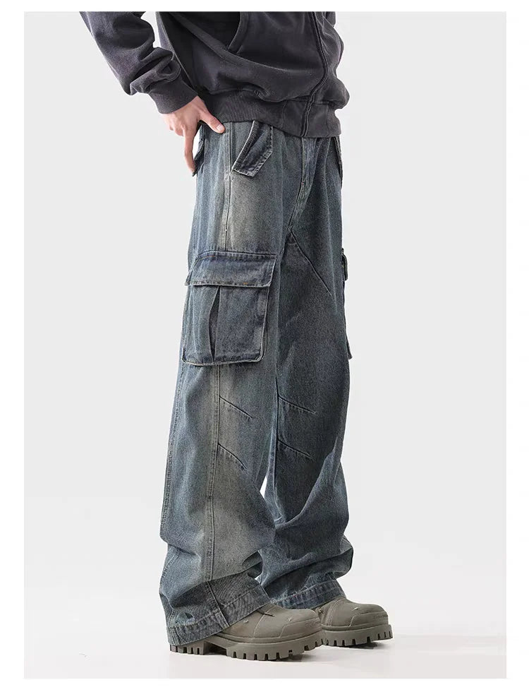 american spring and autumn street trendy personalized work clothes jeans for couples loose retro straight leg casual pants y2k unique jeans style 4975
