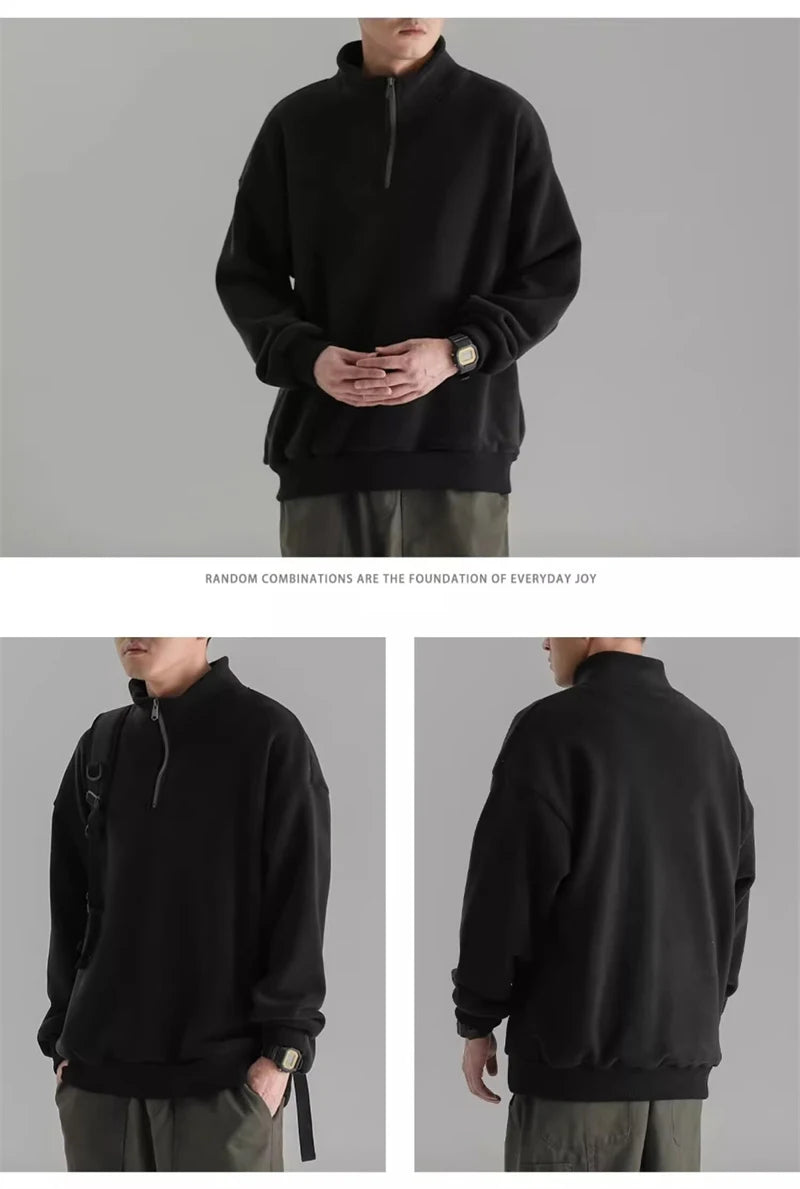 Mens Polar Fleece Half Zip Turtleneck Sweatshirts Korean Fashion Loose