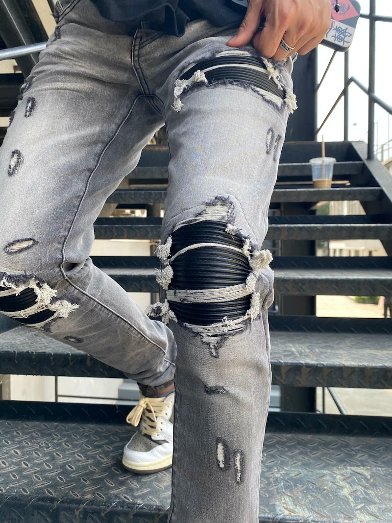 knee holes patckwork skinny denim jeans mens casual button fly slim biker trousers fashion streetwear hip hop jean pants joggers sporty tapered joggers