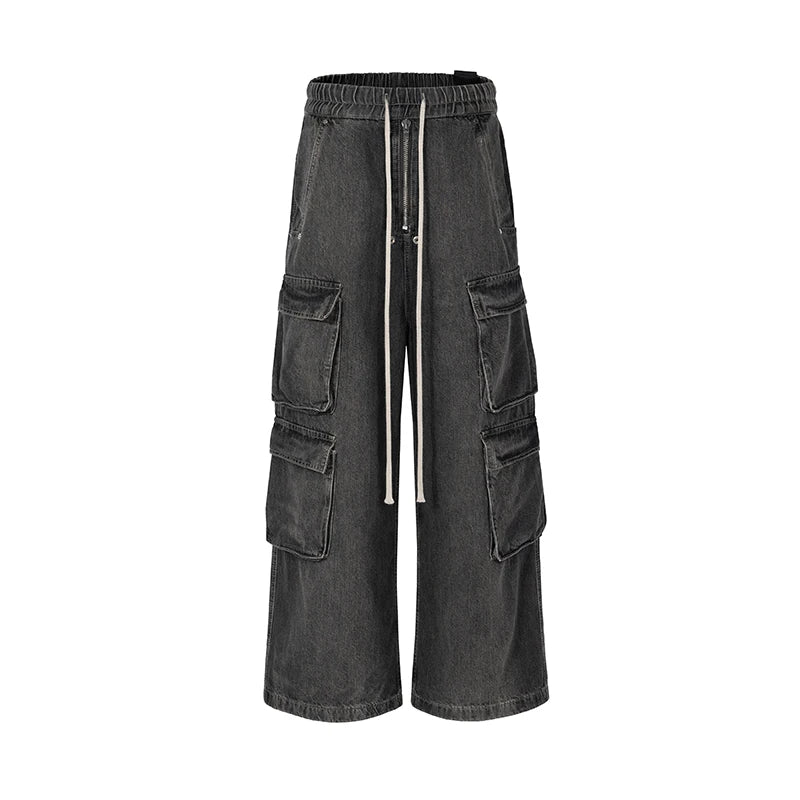 ro style ribbons wide leg multi pockets smoke grey baggy jeans for men straight pantalones hombre drawstring denim trousers unique jeans style 1203