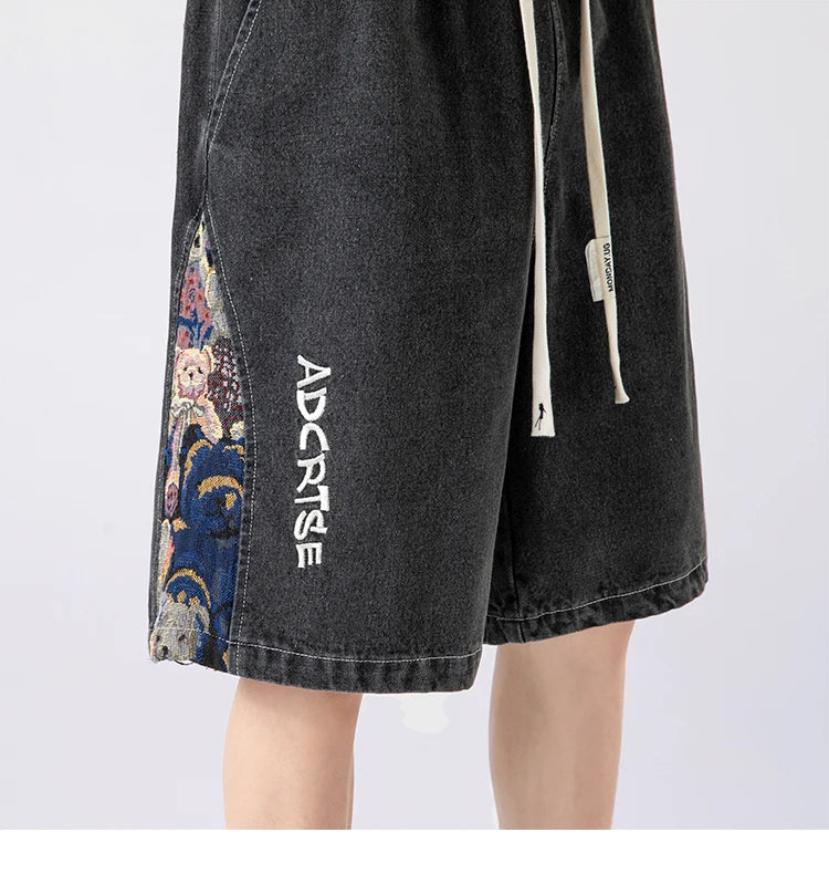 denim shorts mens trendy streetwear washed shorts side embroidery patchwork jeans shorts casual track pants unique jeans style 3287