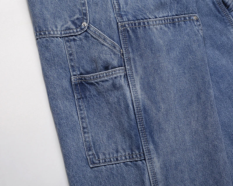 2024 new fashion blue pockets jeans for men and women streetwear casual cargo pants washed solid color denim trousers oversized multi-pocket cargos
