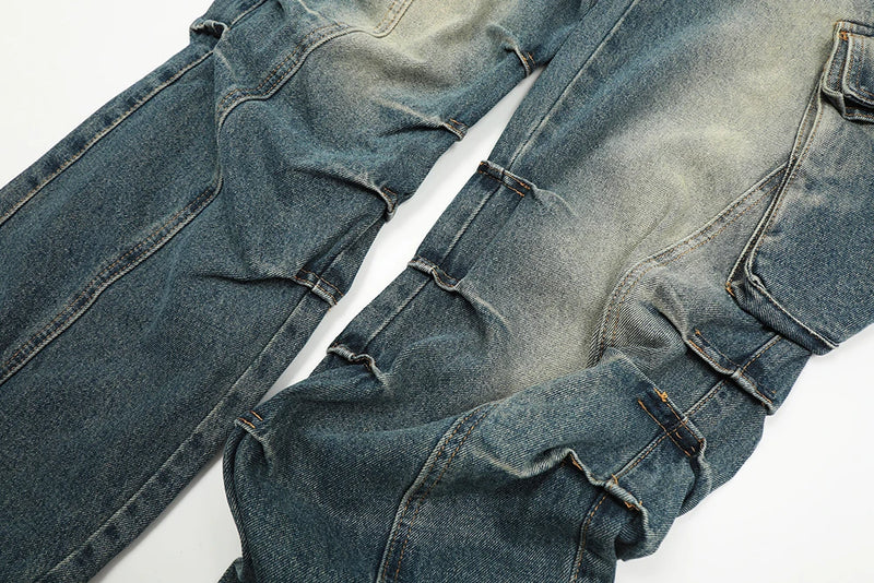 streetwear side pockets pleated washed blue jeans unisex straight baggy y2k denim pants ropa hombre casual cargo pants oversized unique cargo style 1201