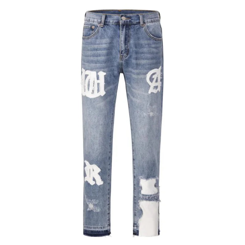 letters patckwork bottom ripped denim jeans men casual straight biker trousers fashion streetwear hip hop jean pants joggers urban active pants