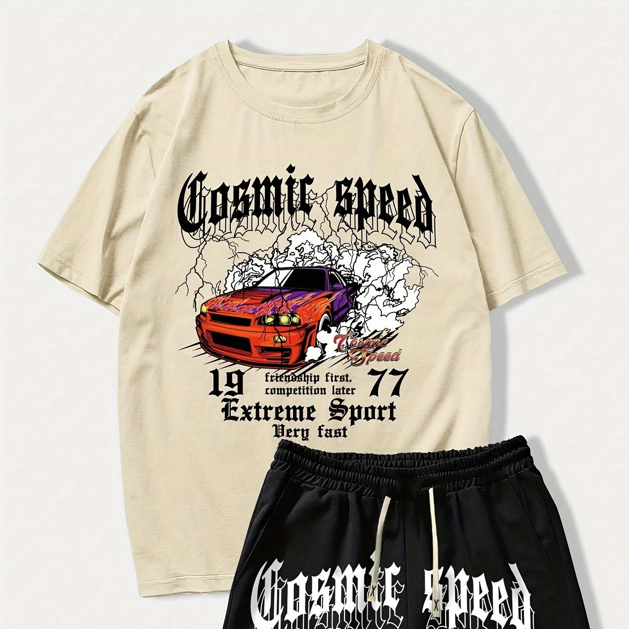 cosmic speed letter car graphic t shirts print shotr pants harajuku tracksuit men streetwear black sweatpants y2k men clothing casual joggers