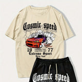 cosmic speed letter car graphic t shirts print shotr pants harajuku tracksuit men streetwear black sweatpants y2k men clothing casual joggers