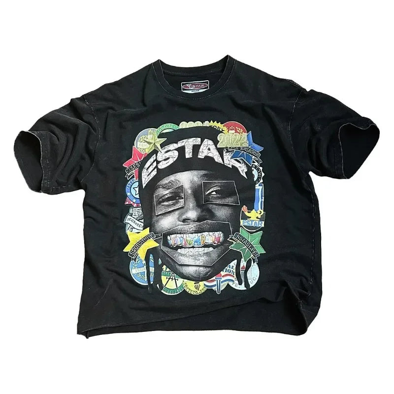 New Trendy Brand Anime Cartoon Printed Oversized T-shirt Shirt Women Y2k High Street Retro Cotton Round Neck Short-sleeved Men