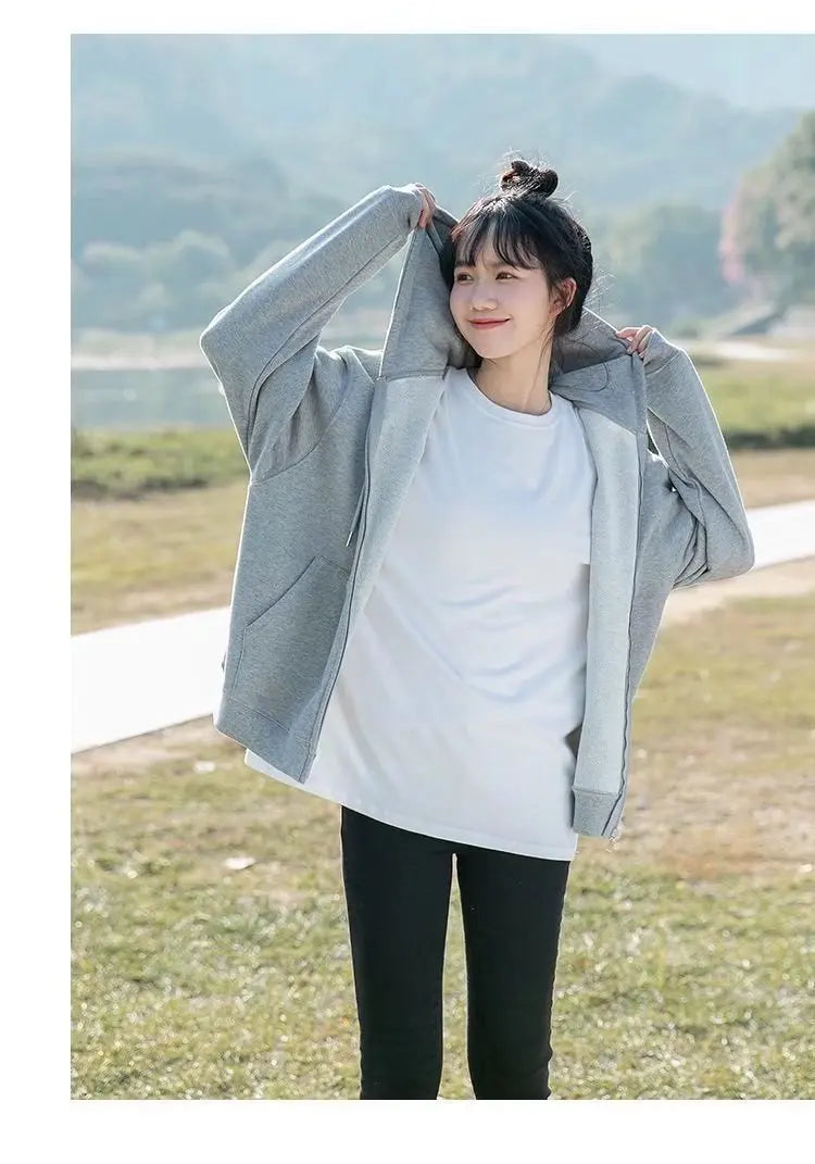 Grey Sweatshirt Hooded Casual Cotton Cardigan Sweatshirts Gray Women C