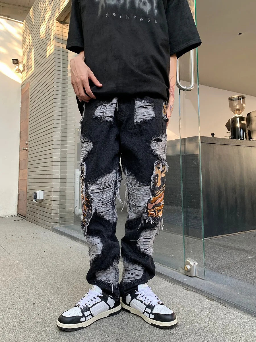 fashion embroidery destroyed ripped tassel holes denim jean pants mens casual loose straight jeans hip hop streetwear joggers unique joggers style 4339