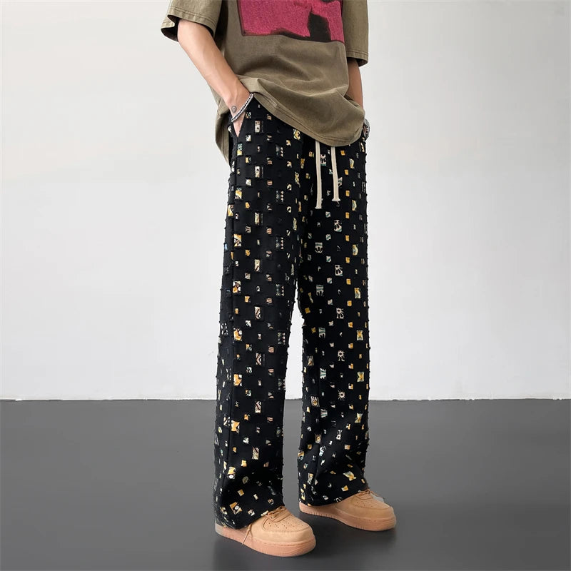 cotton casual pants men fashion retro colored plaid pants men streetwear hip hop loose hollow out pants mens hole trousers m 3xl urban fashion pants